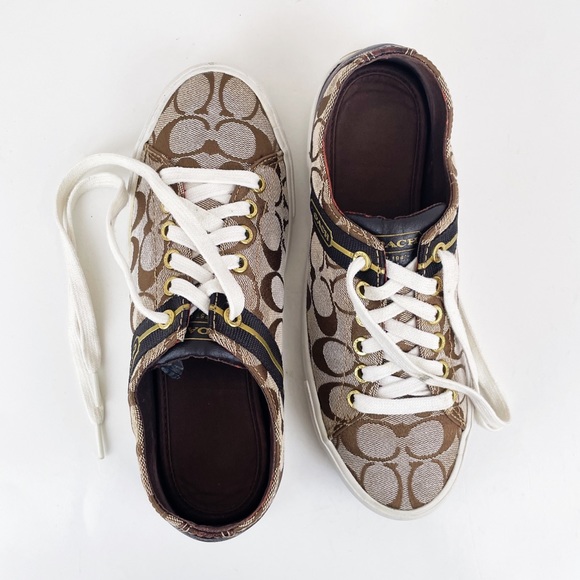 Coach Shoes - Coach Lesley Tan & Brown Jacquard and Leather Low Top Sneakers Size 7.5